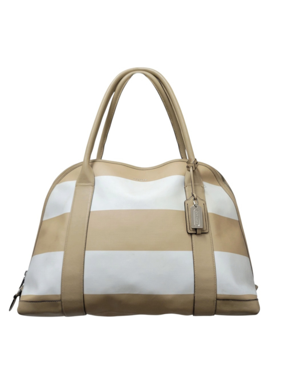 Coach Bleecker Preston Large Women Satchel Beige/White Stripe Coated Canvas Bag